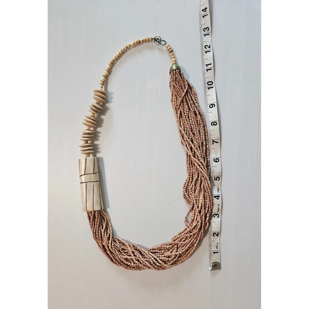 Vintage Multi Strand Seed Bead Bone Statement Necklace Boho Tribal Asymmetrical